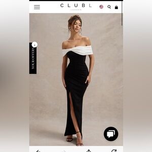 NWT Club L London Black & White Bardot Bow Detail Maxi Dress With Thigh Split.